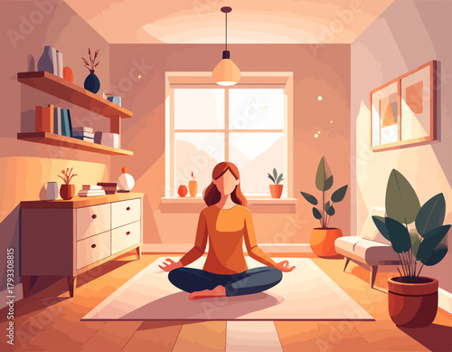 Woman meditating in a bright, sunlit room, sitting cross-legged on a rug with potted plants and furniture surrounding her.