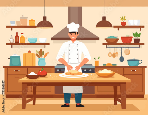 A chef in a kitchen prepares food, kneading dough on a wooden table surrounded by cooking utensils and ingredients.