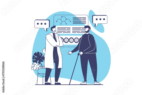 Medical clinic web concept with flat people for website design. Doctor making diagnosis with genetic researchers, analyzing genome, doing prescription and treatment to patient. Vector illustration.