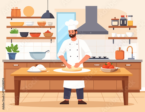 A chef in a kitchen kneading dough on a wooden table, with shelves and cooking utensils visible in the background.