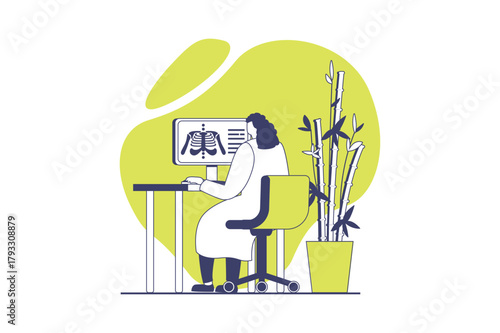 Medical clinic web concept with flat people for website design. Doctor making diagnosis with x-ray, analyzing bones radiology scan, doing prescription and treatment in hospital. Vector illustration.