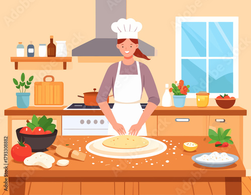 A smiling woman wearing a chef's hat and apron is preparing dough on a wooden countertop in a bright, cozy kitchen setting.