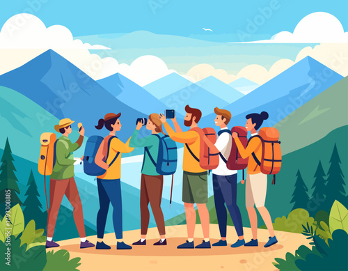 A group of six friends on a hiking trip taking photos of the mountain landscape with their phones and cameras.
