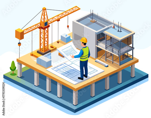 Isometric illustration of a construction worker examining blueprints on a building site with a crane and partially constructed building.