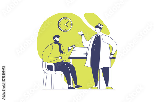 Medical clinic web concept with flat people for website design. Sick man visiting therapist office, getting doctor consultation, diagnostics disease and therapy prescription. Vector illustration.