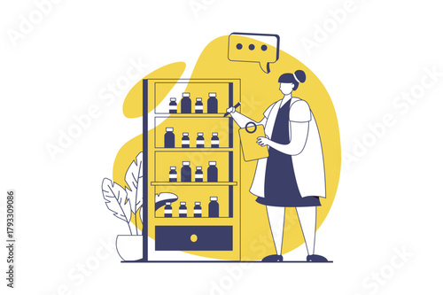 Medical clinic web concept with flat people for website design. Woman working in pharmacy, checking prescriptions to drugs and antibiotics and selling medicines from shelves. Vector illustration.