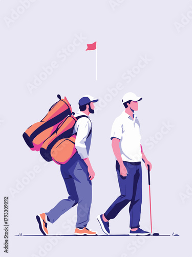 Golfer with caddie walking on golf course vector illustration
