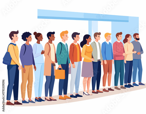 A diverse group of people stand in a line, waiting patiently, under a blue structure, depicted in a flat, cartoon style.