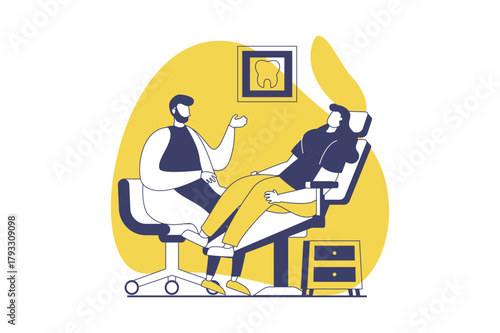 Medical clinic web concept with flat people for website design. Woman visiting dentist office, getting doctor consultation in chair, dental disease diagnostics and teeth checkup. Vector illustration.