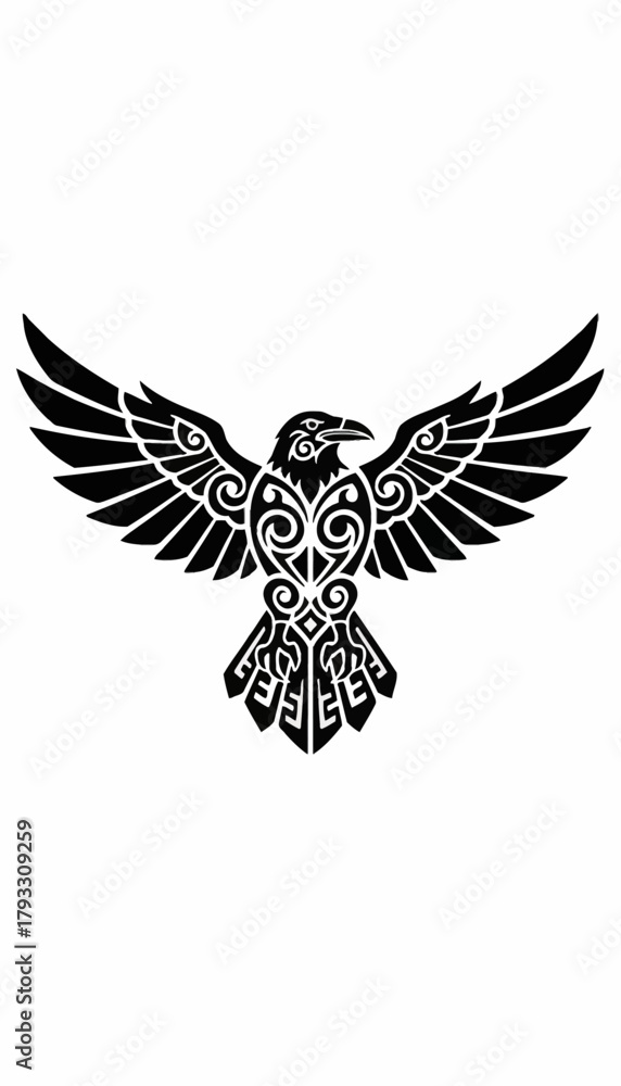 Obraz premium A striking black tribal raven design with outstretched wings and intricate patterns on its body and tail feathers.