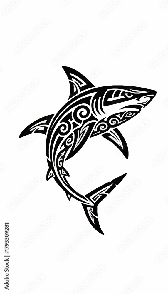 Naklejka premium A powerful shark illustrated in a black and white intricate Polynesian tribal tattoo style.