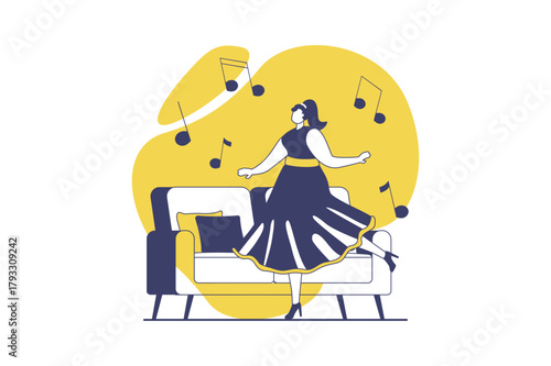 Mental mindset types web concept with flat people for website design. Woman with creative mind listening music and dancing, getting inspiration for energetic feelings expression. Vector illustration.
