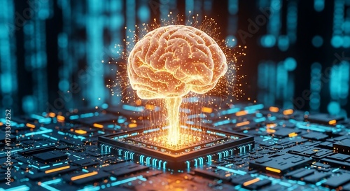 Stunning digital brain powered by AI on futuristic circuit board, imagine the possibilities of artificial intelligence