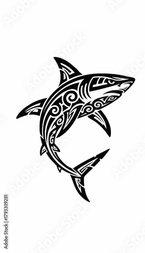 A powerful shark illustrated in a black and white intricate Polynesian tribal tattoo style.