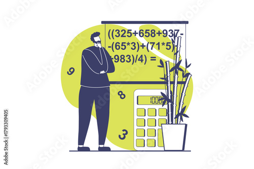 Mental mindset types web concept with flat people for website design. Man with analytical, logical and structural mind solving mathematical problem and doing science research. Vector illustration.
