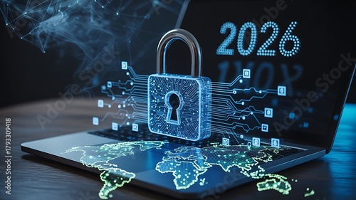 Fototapeta Naklejka Na Ścianę i Meble -  Laptop displays 2026 and glowing world map with digital lock and circuit board computer screen