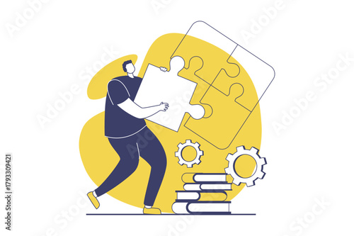 Mental mindset types web concept with flat people for website design. Man with analytical and logical mind solving structural problems and puzzle, thinking, brainstorming ideas. Vector illustration.