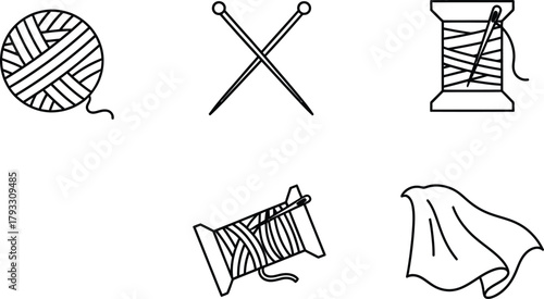 Hobby crafts simple line icon set. Vector pictograms of yarn ball, knitting needle, thread spool, fabric, thin linear illustration.
