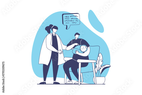 Family with newborn baby web concept with flat people for website design. Young father with little kid visiting clinic, getting pediatric consultation and taking care child. Vector illustration.