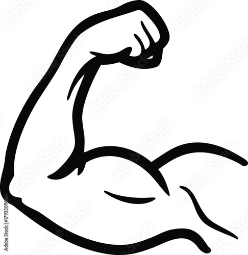 Line art illustration of a strong arm, biceps, and fist symbolizing strength and muscle body vector