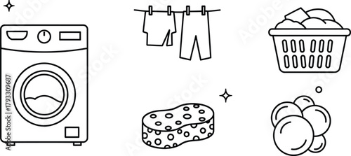 Laundry and cleaning simple outline set. Vector pictograms of washing machine, clothesline, laundry basket, sponge, soap bubble, thin line illustration.