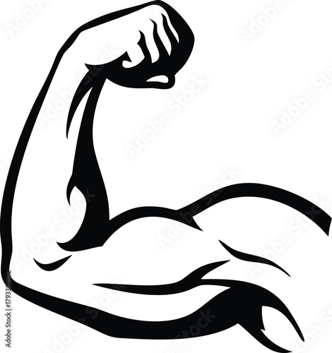 Line art illustration of a strong arm, biceps, and fist symbolizing strength and muscle body vector