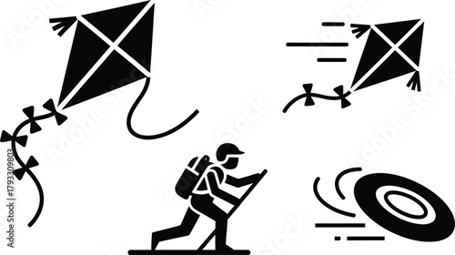 Outdoor activities simple glyph set. Vector pictograms of kite, frisbee, simple solid black illustration.