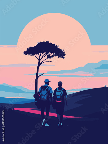 Golfer with caddie walking on golf course vector illustration