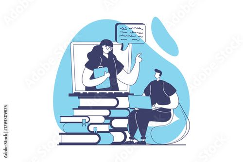 Online education web concept with flat people for website design. Man student learning at video lessons, watching seminars with teacher, trainings at webinars and e-learning. Vector illustration.