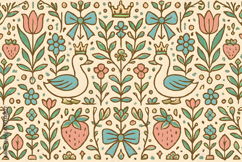 Whimsical folk art seamless pattern with crowned ducks and flora