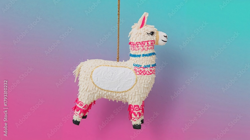 Obraz premium Colorful stuffed llama hanging from a string with a gradient pink and blue background.