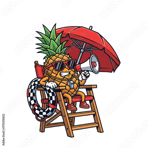 Cool pineapple lifeguard with megaphone and sunglasses supervises beach safety from a tall chair under a red umbrella