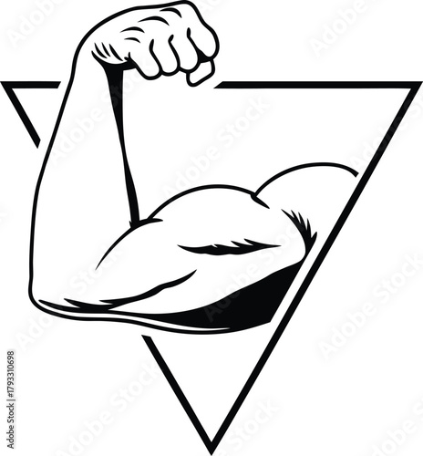 Line art illustration of a strong arm, biceps, and fist symbolizing strength and muscle body vector