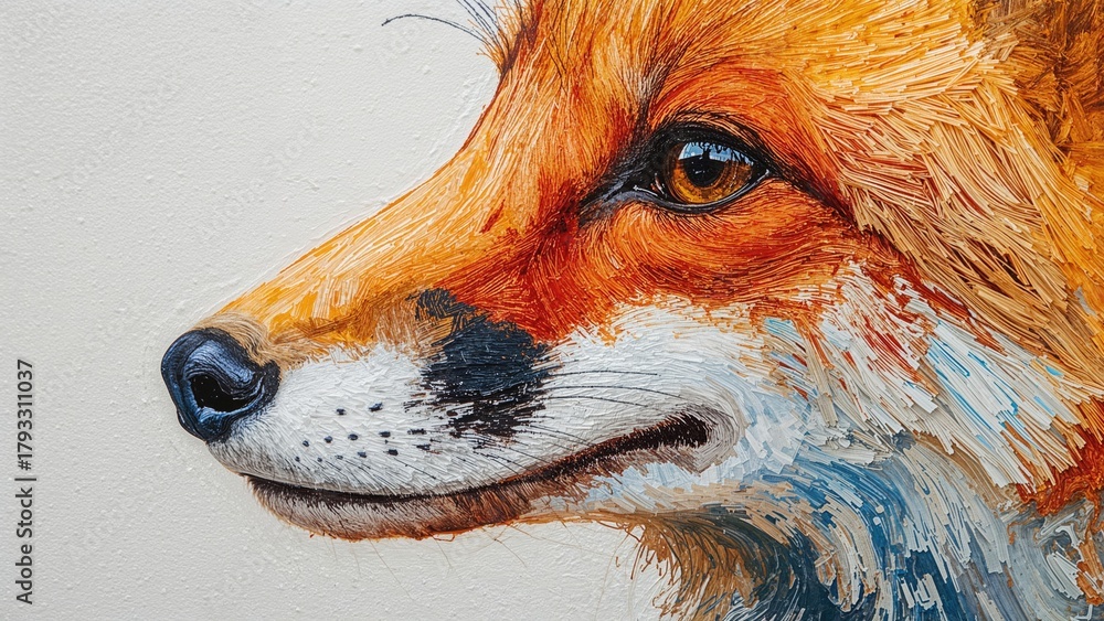Obraz premium A realistic painting of a fox's face, focusing on the profile, highlighting detailed fur texture and expressive eye.
