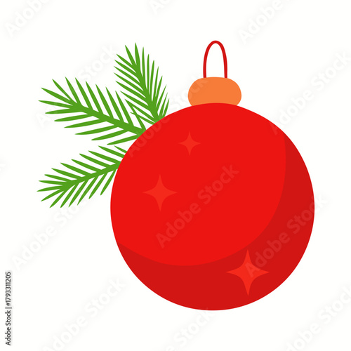 Small red Christmas ball resting beside fresh green pine needles decoration