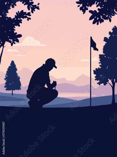 Golfer silhouette on scenic golf course vector illustration