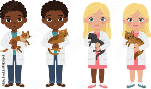 children, diversity, cartoon, veterinary, science, cats, labcoat, teamwork, smile, pet, animal, STEM, doctor, future, illustration