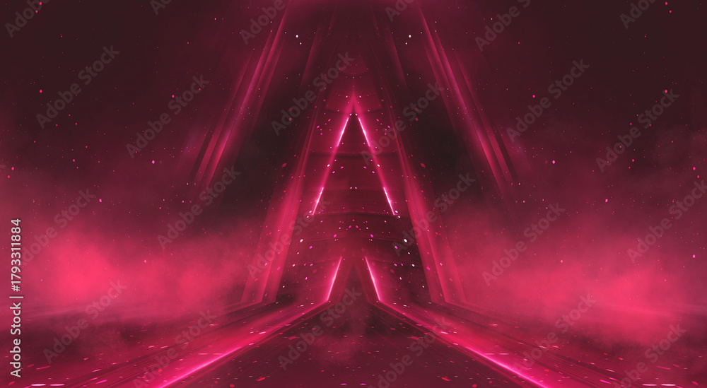 Fototapeta premium Empty stage with bright red neon lights and smoke. Red spotlights, beams, and glare in a dark, dramatic studio.