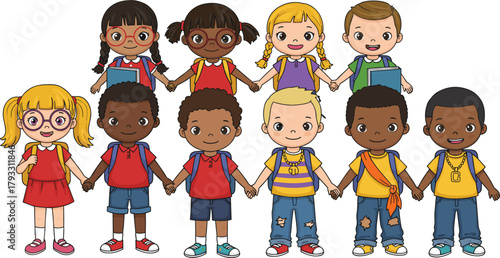 Cartoon children holding hands, diverse outfits, smiling faces, school backpacks, unity, friendship, colorful clothing, happy kids, flat vector, cad drawing illustration
