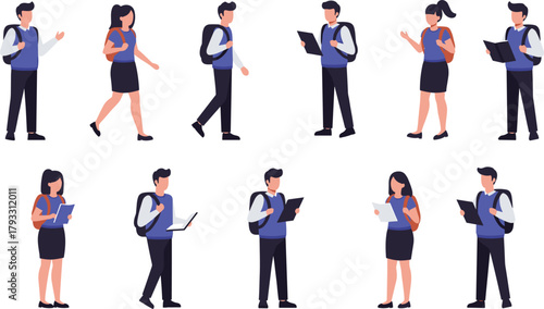 Cartoon students with backpacks, walking, reading, using laptops, tablets, diverse group, education, flat vector, cad drawing, illustration, modern, academic, 