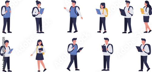 Cartoon students with backpacks, reading, walking, holding books, using tablets, diverse group, education, flat vector, cad drawing, illustration, modern, 