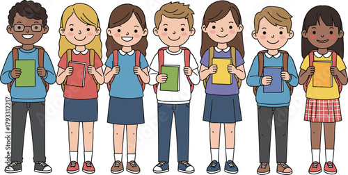 Cartoon children, school students, diverse group, education theme, backpacks, books, cheerful kids, colorful outfits, learning, vector, flat illustration