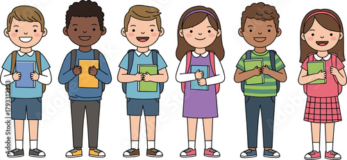Cartoon children, school kids, diverse students, education theme, backpacks, books, learning, colorful outfits, cheerful mood, vector, flat illustration