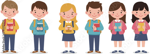 Cartoon children, school students, boys and girls, education theme, backpacks, books, smiling kids, school uniform, vector, flat illustration