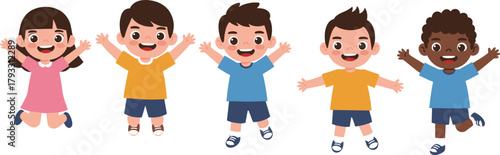 Cartoon children, jumping kids, happy students, colorful clothing, playful mood, smiling faces, childhood joy, education theme, vector, flat illustration