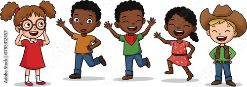 Diverse cartoon children standing, joyful kids vector, colorful flat illustration, playful expressions, childhood diversity, happy faces, casual outfits, character design