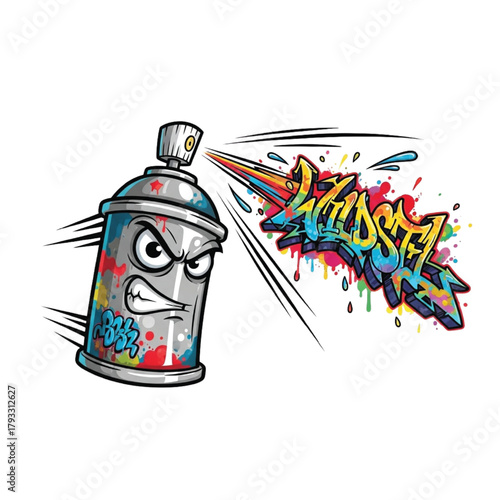 Dynamic graffiti spray can character unleashing vibrant, colorful word art with explosive impact and energetic motion