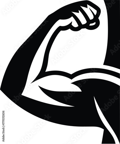Line art illustration of a strong arm, biceps, and fist symbolizing strength and muscle body vector