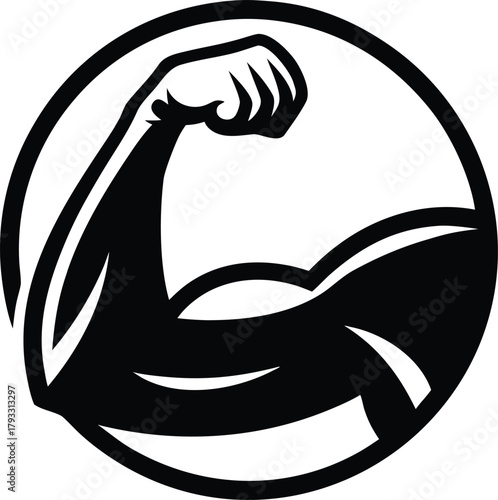 Line art illustration of a strong arm, biceps, and fist symbolizing strength and muscle body vector