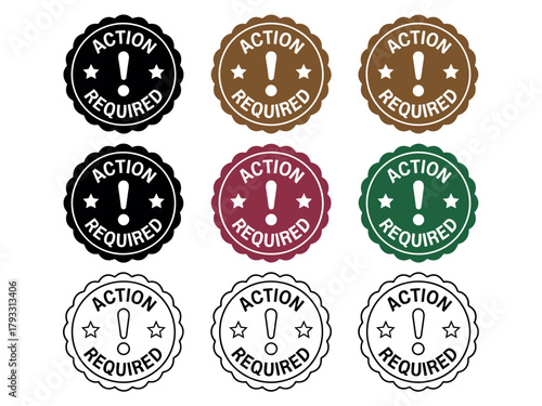 Three rows of circular stickers with the text ACTION REQUIRED and an exclamation mark.